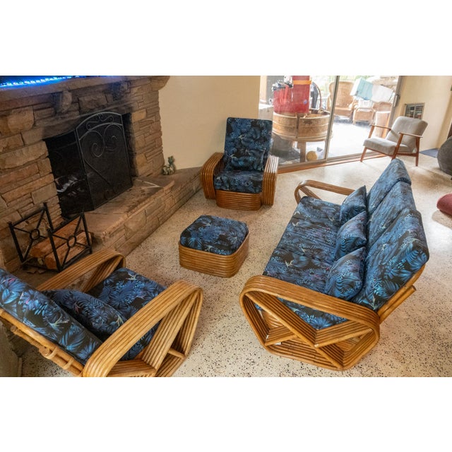 Beautiful full set of seating... sofa, two chairs, and ottoman. Fabric is brand new and really well done, professionally,...