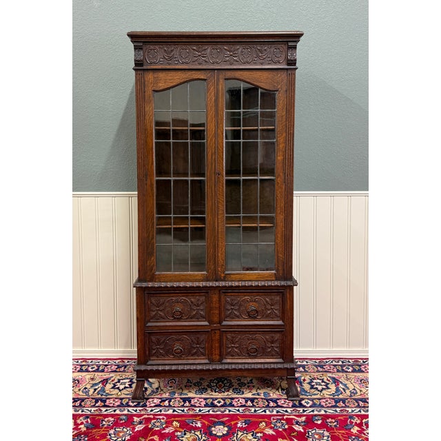 Jacobean Antique English Jacobean Bookcase Cabinet Double Door Glass Drawers Oak c.1930s For Sale - Image 3 of 18