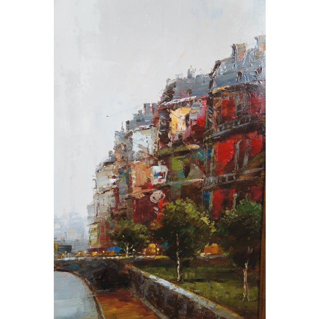 Late 20th Century 20th Century C. Giliano Italian Parisian River Cityscape Oil Painting Framed 59" For Sale - Image 5 of 13
