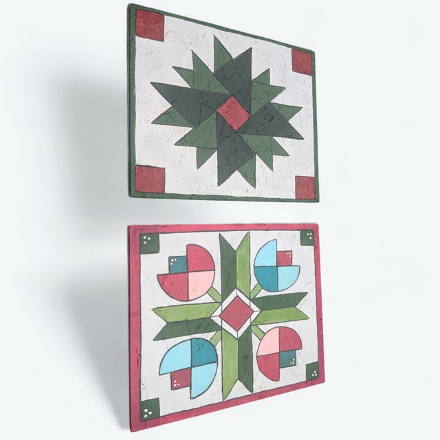 Vintage Handcrafted Folk Art Barn Quilt Star Painted Wood Panel Art- A Pair For Sale In Charlotte - Image 6 of 7