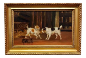 Two Terriers & the Trapped Rat- 19th C. Oil Painting Attributed to George Armfield