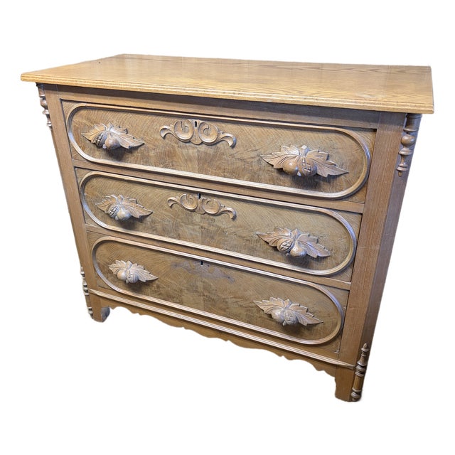 Vintage Chest With Original Appliqués and Pear Carved Handles, Racetrack Molding Drawers For Sale