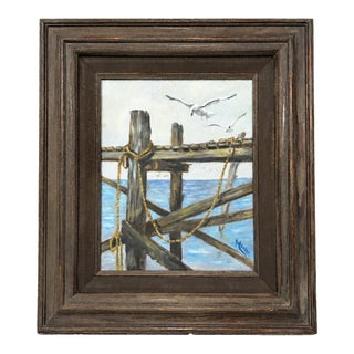 1970s Original Nautical Ocean Oil Painting - Seagulls & Sea Pier Pilings in Wood Frame For Sale