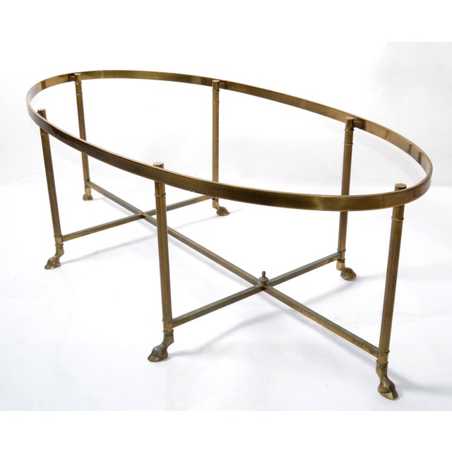 Brass 1970s Hollywood Regency Mastercraft Brass Hoof Feet Coffee Table Racetrack Glass Top For Sale - Image 8 of 15