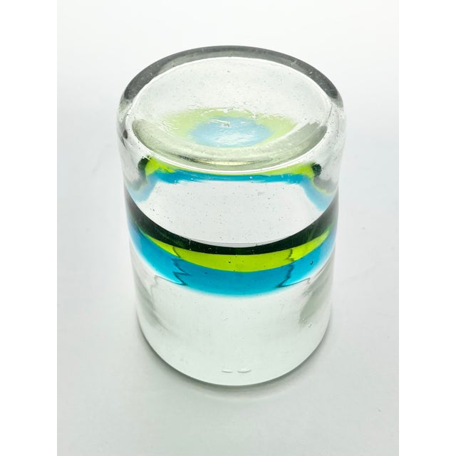 4 Mexican Handblown Aqua Blue Lime Green Banded Tumbler Drinking Glasses For Sale In Dallas - Image 6 of 6