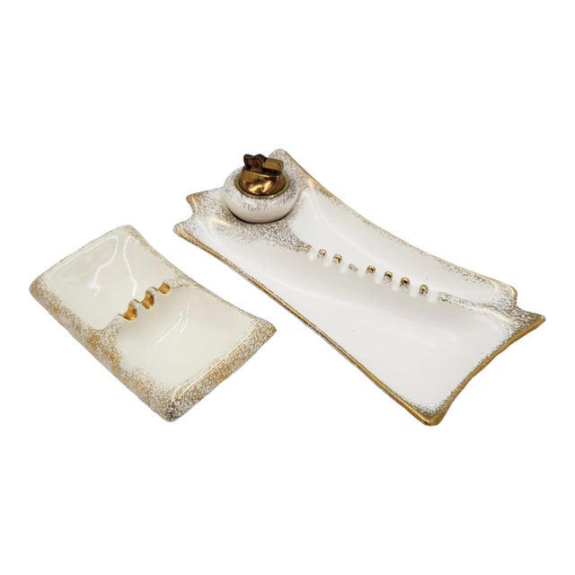 24k Gold Splatter Ashtrays Matching Nesting Lighter Circa 1950s - 3 Piece Set For Sale