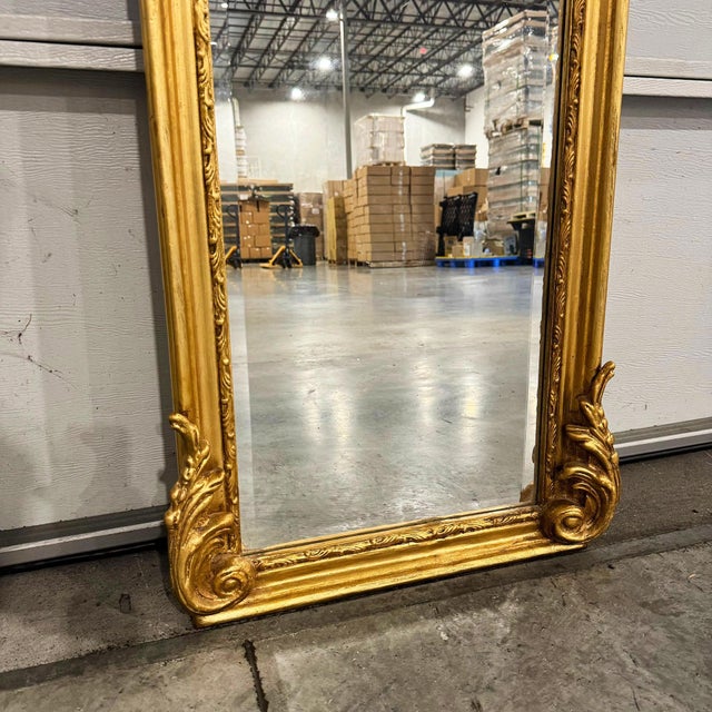 French Style Gold Floor Mirror – 6 Ft Tall Refinished Gold Leaf Details For Sale - Image 4 of 5
