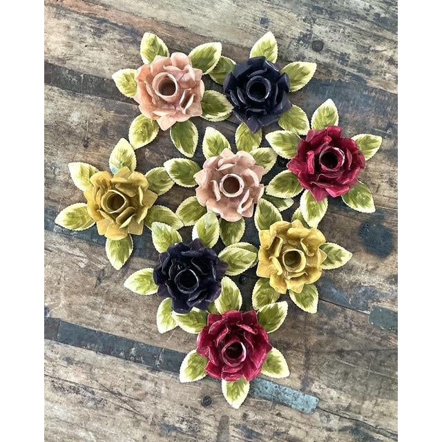 Metal Vintage Hand Painted Tole Roses Candle Holders - Set of 8 For Sale - Image 7 of 12