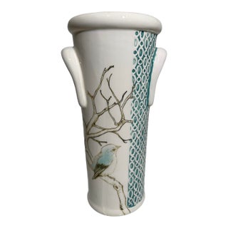 Vintage Geometric Turquoise Bird on a Branch Motif Vase For Sale