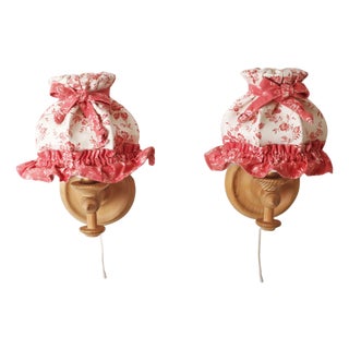 Swedish Pinewood Wall Lamps with Floral Textile Shades, 1970s, Set of 2 For Sale