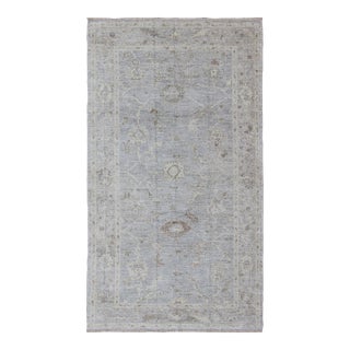 Angora Oushak Turkish Gallery Rug in Shades of Light Blue, Silver and Taupe For Sale