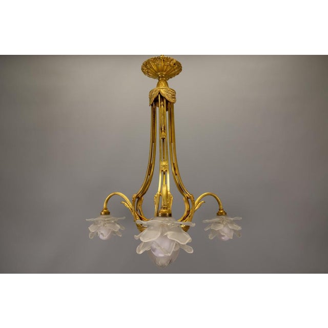 French Neoclassical Style Bronze and Frosted Glass Four-Light Chandelier, 1920 For Sale - Image 14 of 18