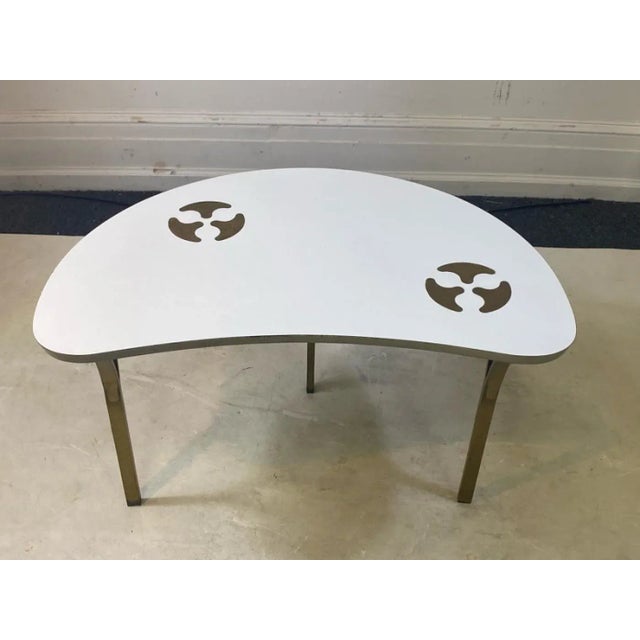 Harvey Probber Mid Century Biomorphic White Laminate & Brass Inlay Table For Sale - Image 4 of 10