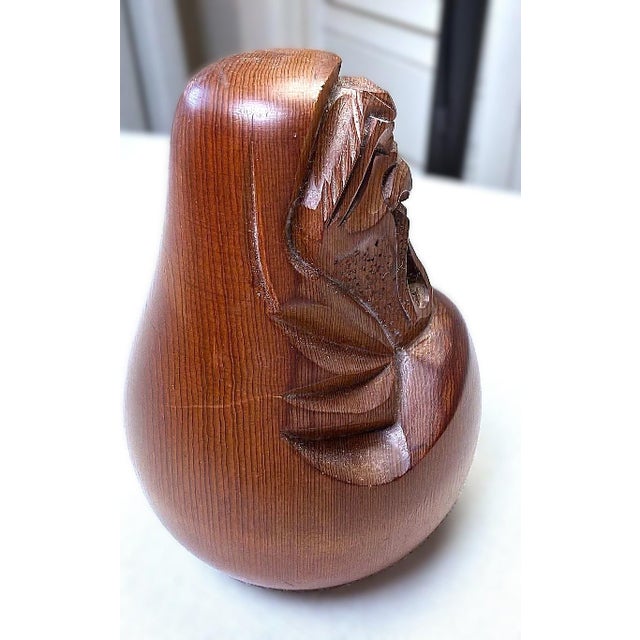 Vintage Japanese Yawning Daruma Bodhidharma 4" Hand Carved Wood Akubi Figure For Sale - Image 6 of 7