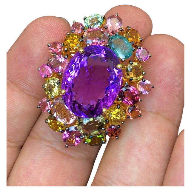 Bochic "Orient" Vintage Multi Tourmaline & Amethyst Ring - 18K Gold & Silver For Sale - Image 15 of 18
