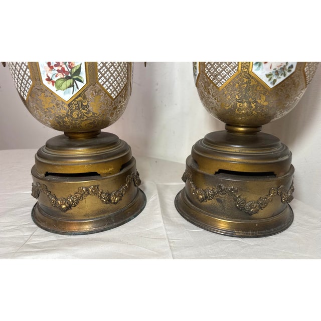 Bronze Pair of Large Antique Moser Bronze Mounted Cut to Clear Gilt Glass Table Lamps For Sale - Image 8 of 15