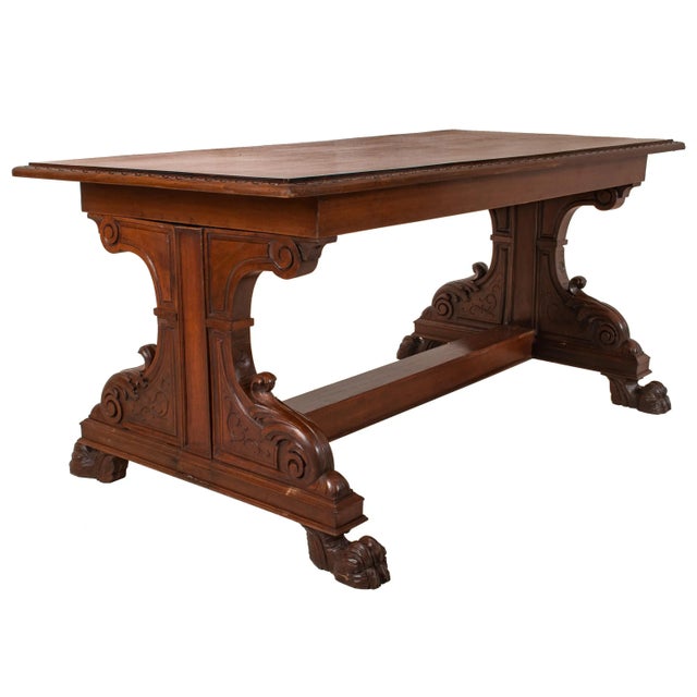 Traditional Antique Italian Carved Walnut Renaissance Revival Library Serving Table, 1870 For Sale - Image 3 of 9