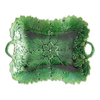 19th Century English Green Majolica Leaf Handled Platter For Sale