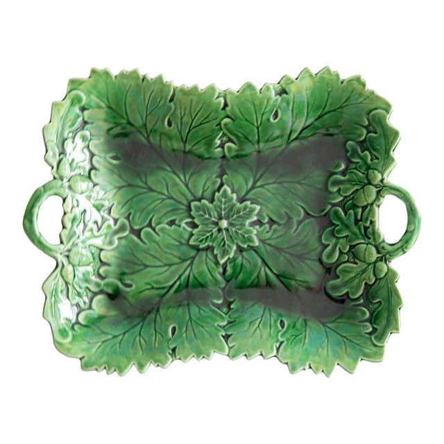 19th Century English Green Majolica Leaf Handled Platter For Sale