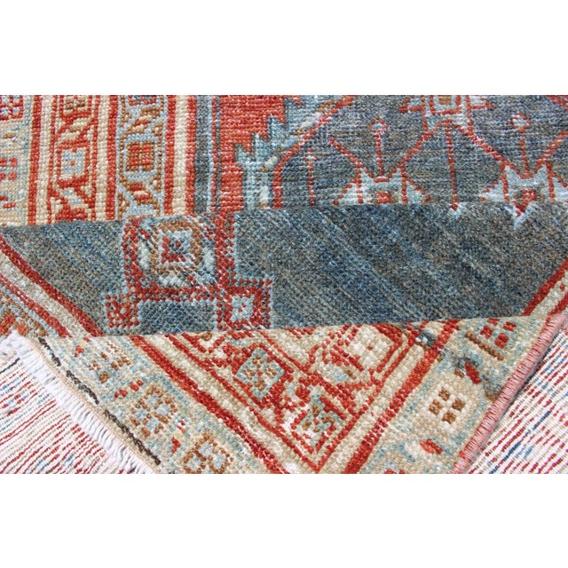 Antique Persian Serab With Tri-Medallion Geometric Design in Red and Steel Blue 2'8 X 9'6 For Sale - Image 10 of 11