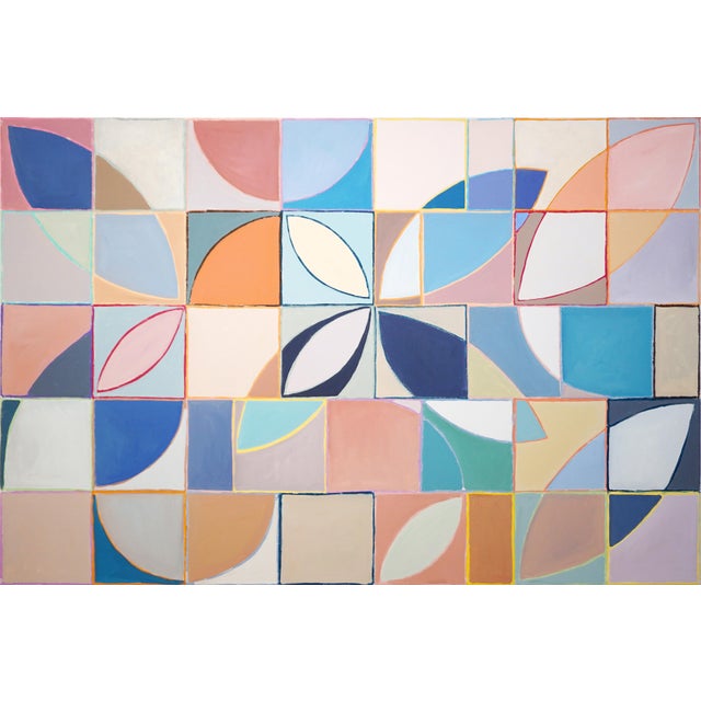 2026, Geometric Bauhaus Floral Painting on Canvas, Plucking Petals, Squares Grid by Natalia Roman For Sale