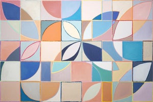 2026, Geometric Bauhaus Floral Painting on Canvas, Plucking Petals, Squares Grid by Natalia Roman