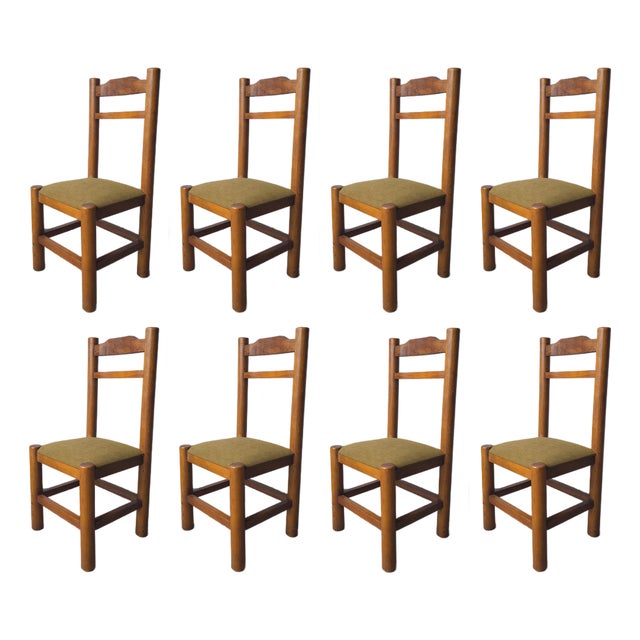 Vintage 1970s Minimalist Solid Pine Dining Chairs - Set of 8 For Sale