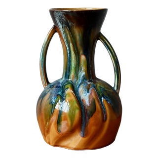 Vintage Glazed Ceramic Amphora Vase with Iridescent Drips, 1970s For Sale