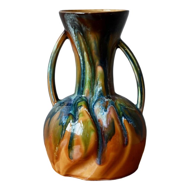 Vintage Glazed Ceramic Amphora Vase with Iridescent Drips, 1970s For Sale