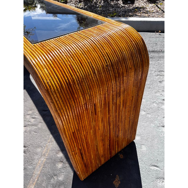 Spilt Reed Waterfall Console Table With Smoked Glass Inset | Hollywood Regency and Mid Century Modern in the Style of Gabriela Crespi For Sale In Tampa - Image 6 of 12