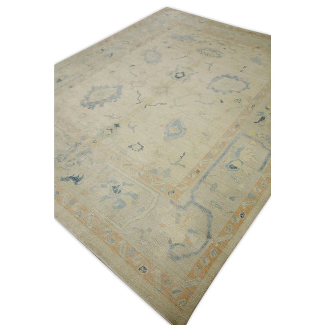 Early 21st Century Early 21st Century Cream & Blue Floral Design Handwoven Wool Turkish Oushak Rug 8'2" X 10'6" For Sale - Image 5 of 8