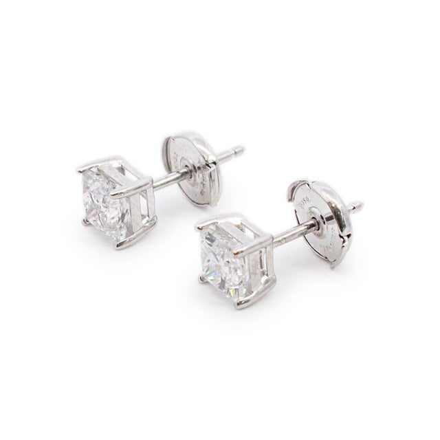 Ladies 18k White Gold 2.01ct. Princess Cut Diamond Stud Earrings - 2 Pieces For Sale - Image 4 of 8