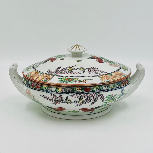 Vintage Chinoiserie Famille Rose Porcelain Covered Tureen Centerpiece - Rooster and Bok Choy Cabbage For Sale - Image 13 of 16