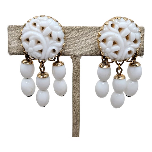 Vintage 1960s Signed Napier Goldtone Carved White Faux-Jade Top With Beaded Dangles Clip Earrings-2 Pieces For Sale