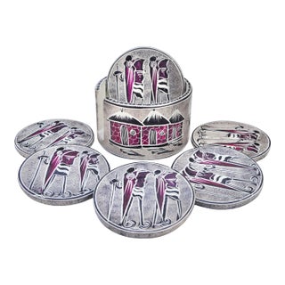 Vintage Handmade West-African Patterned Soapstone Coasters & Holder- 7 Pieces For Sale
