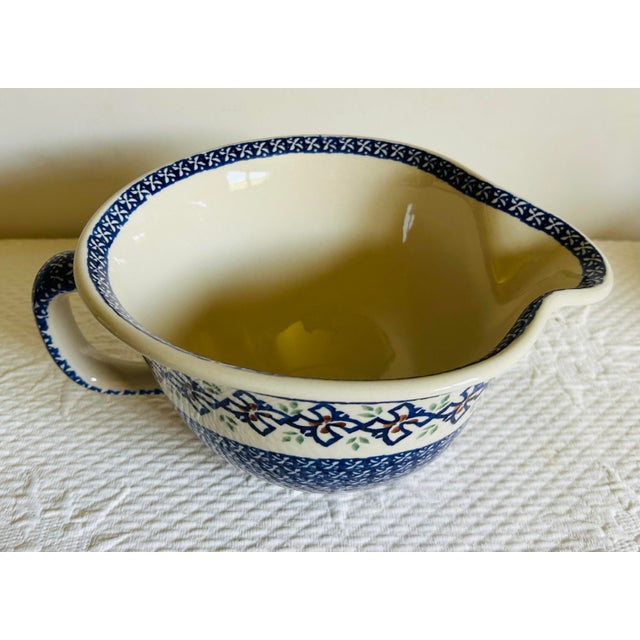 Rustic European Vintage Polish Pottery Stoneware Batter Bowl With Pouring Spout For Sale - Image 3 of 7