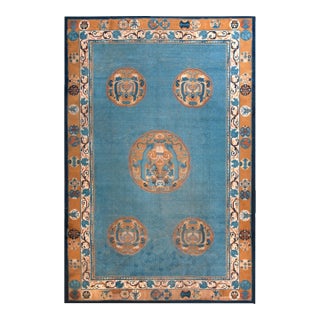 Special Blue and Gold Bronze Color Unique With Animalistic Design Antique Chinese Rug For Sale