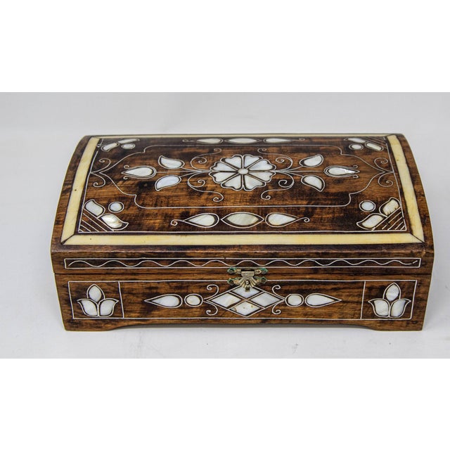 Anglo-Indian Mother of Pearl Inlaid jewelry Box. 1940s Victorian Anglo Indian box in silver, bone and mother of pearl...