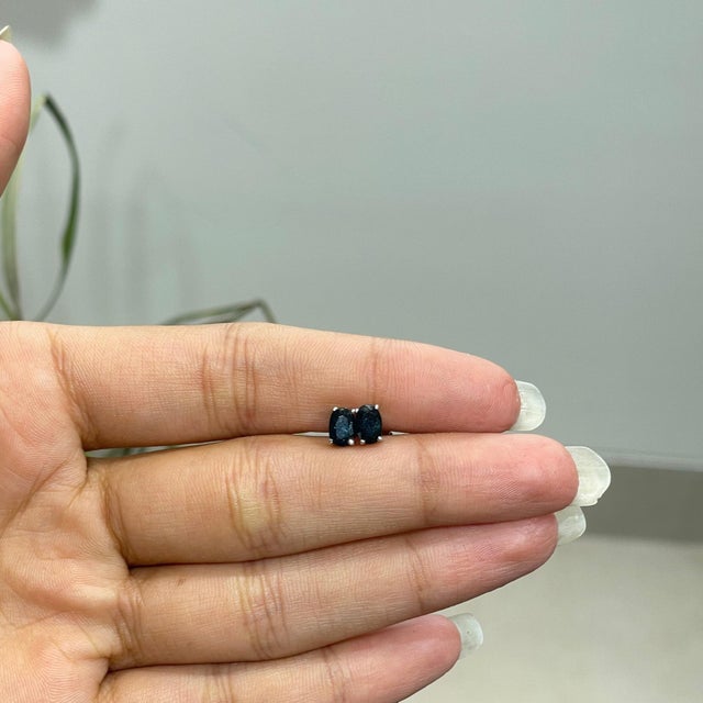 Not Yet Made - Made To Order A Pair of Moody Blue Sapphire 4.8 Ct Oval Stud Earrings in 925 Silver - Minimalist Luxe For Sale - Image 5 of 13