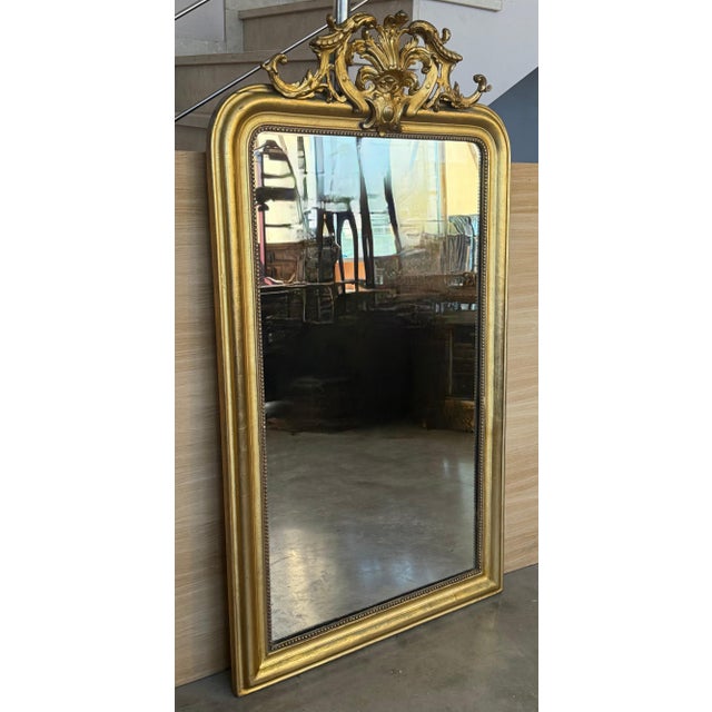French 19th Century Large Vertical Gold Gilt Mirror with Floral crest For Sale - Image 9 of 18