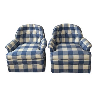 Vintage Blue Gingham Barrel Skirted Tufted Chair- Set of 2 For Sale