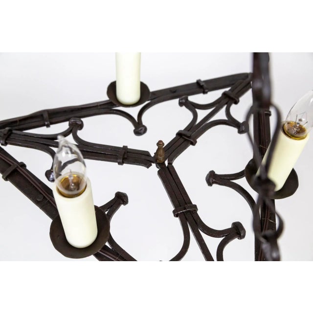 Early 20th Century Flat Triangular Wrought Iron Gothic Revival 3-Light Chandelier For Sale - Image 4 of 11