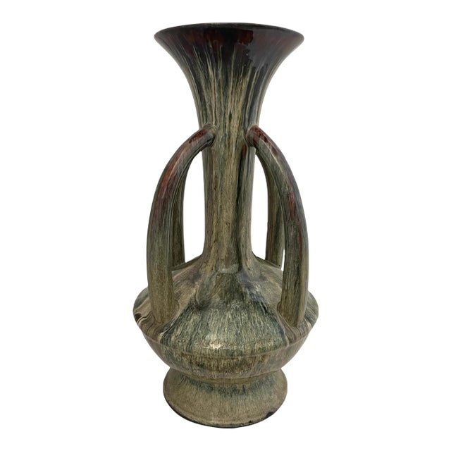 Large Santorini 4 Handle Drip Glaze Ceramic Vase in Green and Brown For Sale