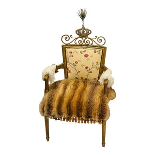Whimsical Crown Gold Armchair With Red Fox Fur in Mackenzie Childs Style For Sale