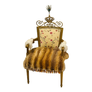 Whimsical Crown Gold Armchair With Red Fox Fur in Mackenzie Childs Style
