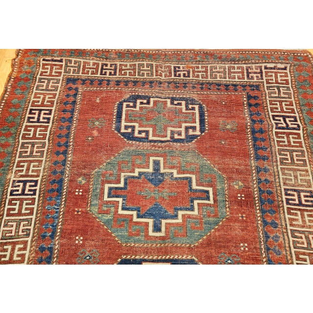 Antique Caucasian Kazak Rug, Handwoven Wool, Geometric Medallion Design, Red & Ivory, 5' x 7' For Sale - Image 10 of 17