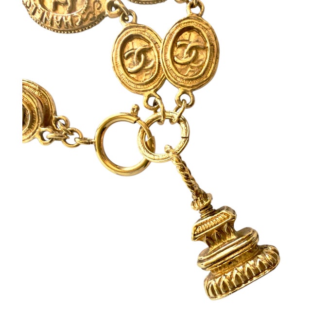 70s Chanel Bracelet Seal Charm Double C CC Gold Plated Logo Coco Vintage For Sale - Image 10 of 17
