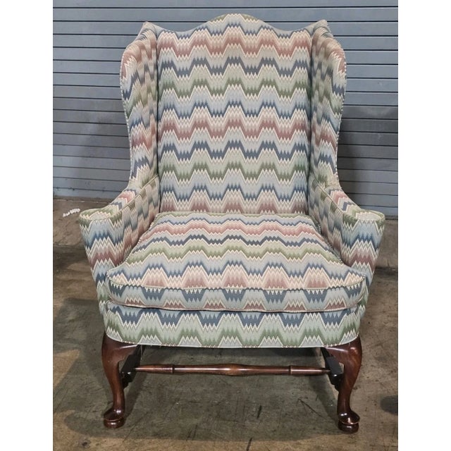 Queen Anne Late 20th Century Pair Southwood Connoisseur Collection Mahogany Wing Chairs Flame Stitch Fabric For Sale - Image 3 of 10