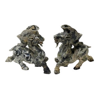 Pair Oriental Stone Carved Ram Wine Cup Holder Shaped Display Figures For Sale