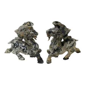 Pair Oriental Stone Carved Ram Wine Cup Holder Shaped Display Figures